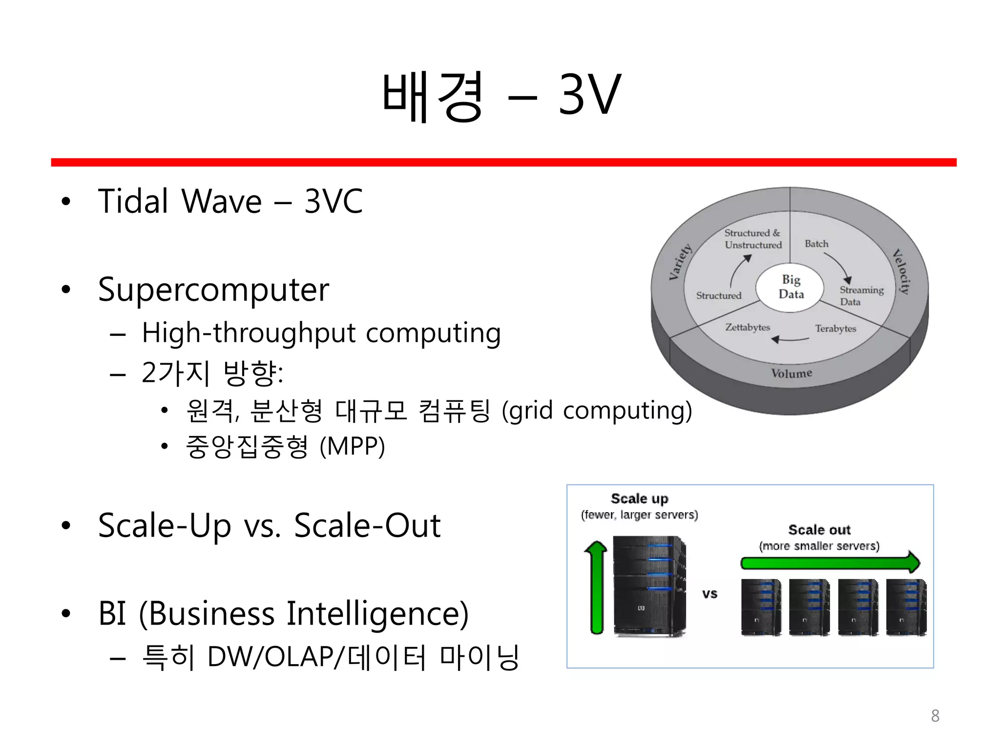 배경 – 3V
• Tidal Wave – 3VC
• Supercomputer
– High-throughput computing
– 2가지 방향:
• 원격, 분산형 대규모 컴퓨팅 (grid computing)
• 중앙집중형 (MPP)
• Scale-Up vs. Scale-Out
• BI (Business Intelligence)
– 특히 DW/OLAP/데이터 마이닝
8
 