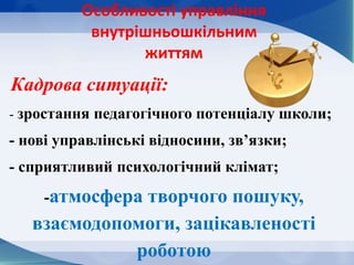 Кадрова ситуації:
- зростання педагогічного потенціалу школи;
- нові управлінські відносини, зв’язки;
- сприятливий психологічний клімат;
-атмосфера творчого пошуку,
взаємодопомоги, зацікавленості
роботою
Особливості управління
внутрішньошкільним
життям
 
