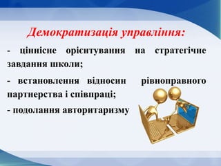 Демократизація управління:
- ціннісне орієнтування на стратегічне
завдання школи;
- встановлення відносин рівноправного
партнерства і співпраці;
- подолання авторитаризму
 