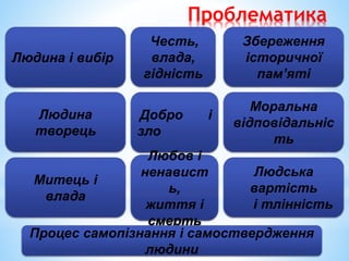 Проблематика
Людська
вартість
і тлінність
Людина
творець
Честь,
влада,
гідність
Збереження
історичної
пам’яті
Моральна
відповідальніс
ть
Митець і
влада
Добро і
зло
Людина і вибір
Любов і
ненавист
ь,
життя і
смерть
Процес самопізнання і самоствердження
людини
 