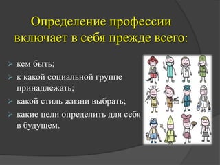 Определение профессии
включает в себя прежде всего:
 кем быть;
 к какой социальной группе
принадлежать;
 какой стиль жизни выбрать;
 какие цели определить для себя
в будущем.
 