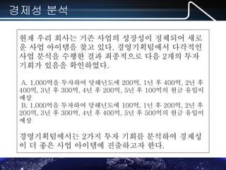 MS-Office(엑셀,파포,워드) 실무 포럼
경제성 분석
현재 우리 회사는 기존 사업의 성장성이 정체되어 새로
운 사업 아이템을 찾고 있다. 경영기획팀에서 다각적인
사업 분석을 수행한 결과 최종적으로 다음 2개의 투자
기회가 있음을 확인하였다.
A. 1,000억을 투자하여 당해년도에 200억, 1년 후 400억, 2년 후
400억, 3년 후 300억, 4년 후 200억, 5년 후 100억의 현금 유입이
예상
B. 1,000억을 투자하여 당해년도에 100억, 1년 후 200억, 2년 후
200억, 3년 후 300억, 4년 후 400억, 5년 후 500억의 현금 유입이
예상
경영기획팀에서는 2가지 투자 기회를 분석하여 경제성
이 더 좋은 사업 아이템에 진출하고자 한다.
 