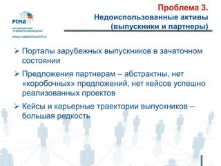 Проблема 3.
Недоиспользованные активы
(выпускники и партнеры)
 Порталы зарубежных выпускников в зачаточном
состоянии
 Предложения партнерам – абстрактны, нет
«коробочных» предложений, нет кейсов успешно
реализованных проектов
 Кейсы и карьерные траектории выпускников –
большая редкость
 