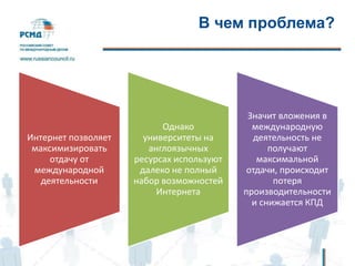В чем проблема?
Интернет позволяет
максимизировать
отдачу от
международной
деятельности
Однако
университеты на
англоязычных
ресурсах используют
далеко не полный
набор возможностей
Интернета
Значит вложения в
международную
деятельность не
получают
максимальной
отдачи, происходит
потеря
производительности
и снижается КПД
 