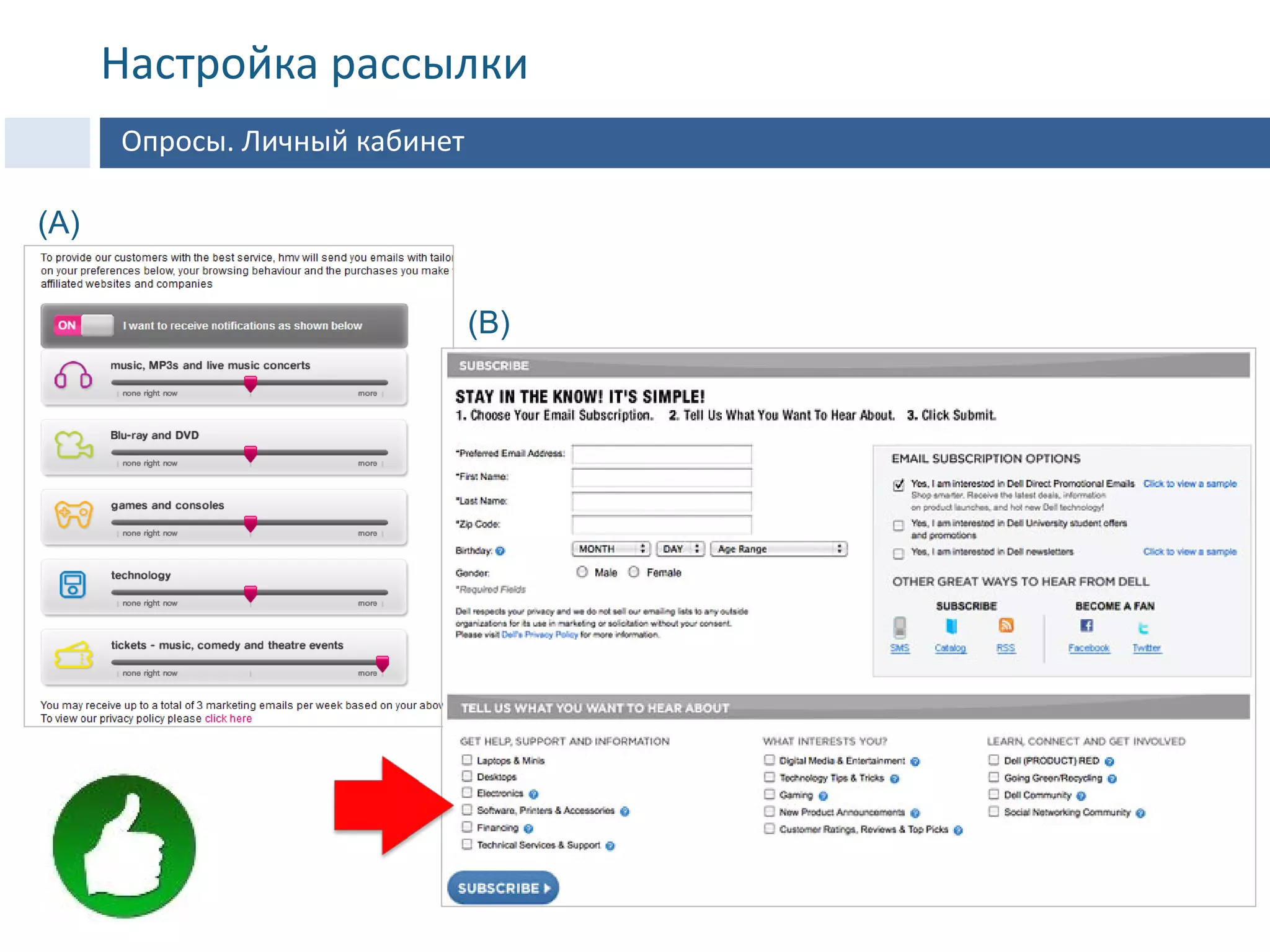 (A)
(B)
Опросы. Личный кабинет
Настройка рассылки
 