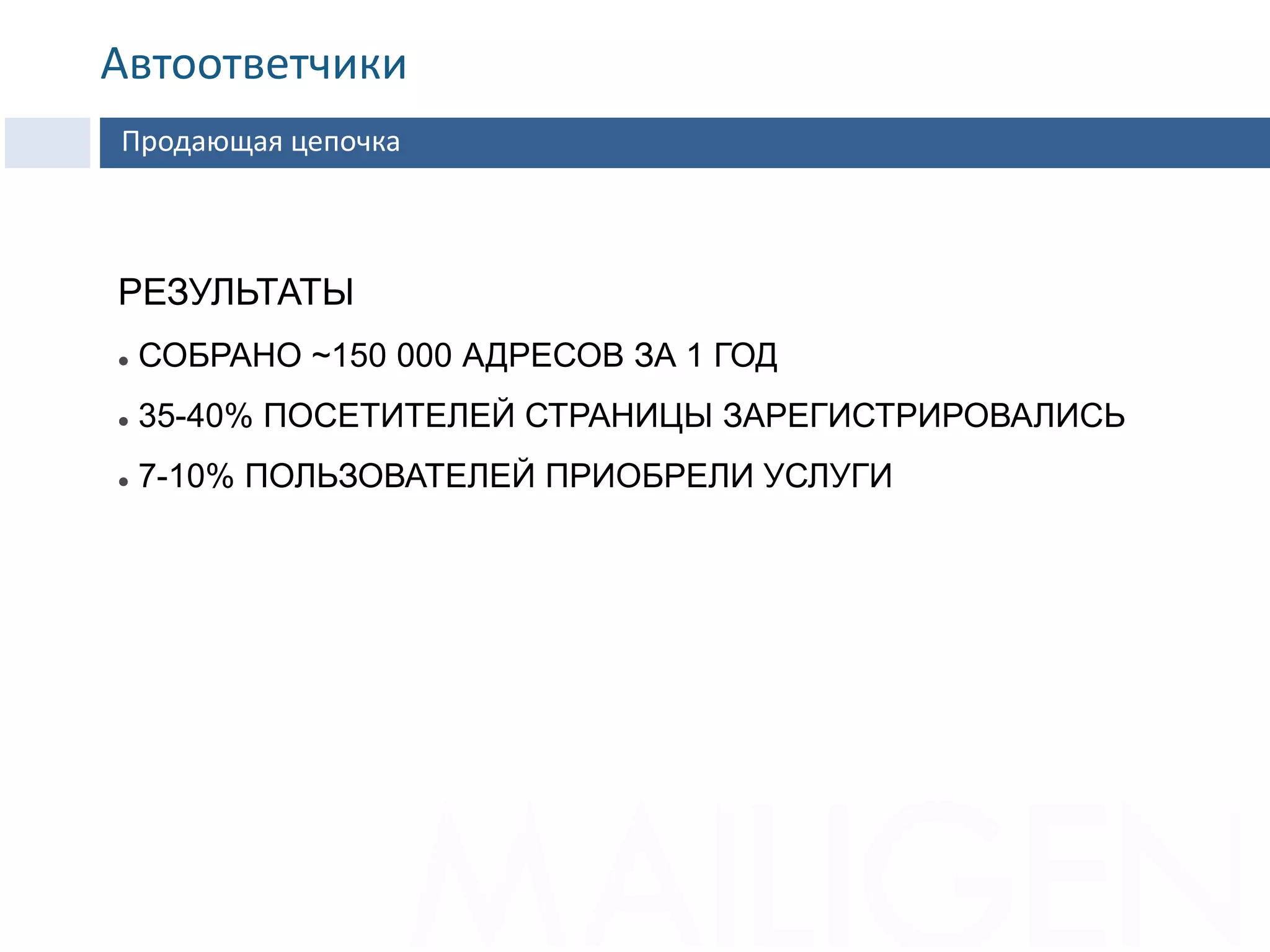 РЕЗУЛЬТАТЫ
 СОБРАНО ~150 000 АДРЕСОВ ЗА 1 ГОД
 35-40% ПОСЕТИТЕЛЕЙ СТРАНИЦЫ ЗАРЕГИСТРИРОВАЛИСЬ
 7-10% ПОЛЬЗОВАТЕЛЕЙ ПРИОБРЕЛИ УСЛУГИ
Продающая цепочка
Автоответчики
 