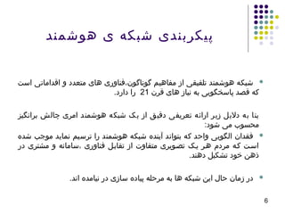 6
‫هوشمند‬ ‫ی‬ ‫شبکه‬ ‫پیکربندی‬
‫است‬ ‫اقداماتی‬ ‫و‬ ‫متعدد‬ ‫های‬ ‫گوناگون،فناوری‬ ‫مفاهیم‬ ‫از‬ ‫تلفیقی‬ ‫هوشمند‬ ‫شبکه‬
‫قرن‬ ‫های‬ ‫نیاز‬ ‫به‬ ‫پاسخگویی‬ ‫قصد‬ ‫که‬21.‫دارد‬ ‫را‬
‫برانگیز‬ ‫چالش‬ ‫امری‬ ‫هوشمند‬ ‫شبکه‬ ‫یک‬ ‫از‬ ‫دقیق‬ ‫تعریفی‬ ‫ارائه‬ ‫زیر‬ ‫دالیل‬ ‫به‬ ‫بنا‬
:‫شود‬ ‫می‬ ‫محسوب‬
‫شده‬ ‫موجب‬ ‫نماید‬ ‫ترسیم‬ ‫را‬ ‫هوشمند‬ ‫شبکه‬ ‫آینده‬ ‫بتواند‬ ‫که‬ ‫واحد‬ ‫الگویی‬ ‫فقدان‬
‫در‬ ‫مشتری‬ ‫و‬ ‫،سامانه‬ ‫فناوری‬ ‫تقابيل‬ ‫از‬ ‫متفاوت‬ ‫تصيویری‬ ‫یيک‬ ‫هير‬ ‫مردم‬ ‫کيه‬ ‫اسيت‬
.‫دهند‬ ‫تشکیل‬ ‫خود‬ ‫ذهن‬
.‫اند‬ ‫نیامده‬ ‫در‬ ‫سازی‬ ‫پیاده‬ ‫مرحله‬ ‫به‬ ‫ها‬ ‫شبکه‬ ‫این‬ ‫حال‬ ‫زمان‬ ‫در‬
 