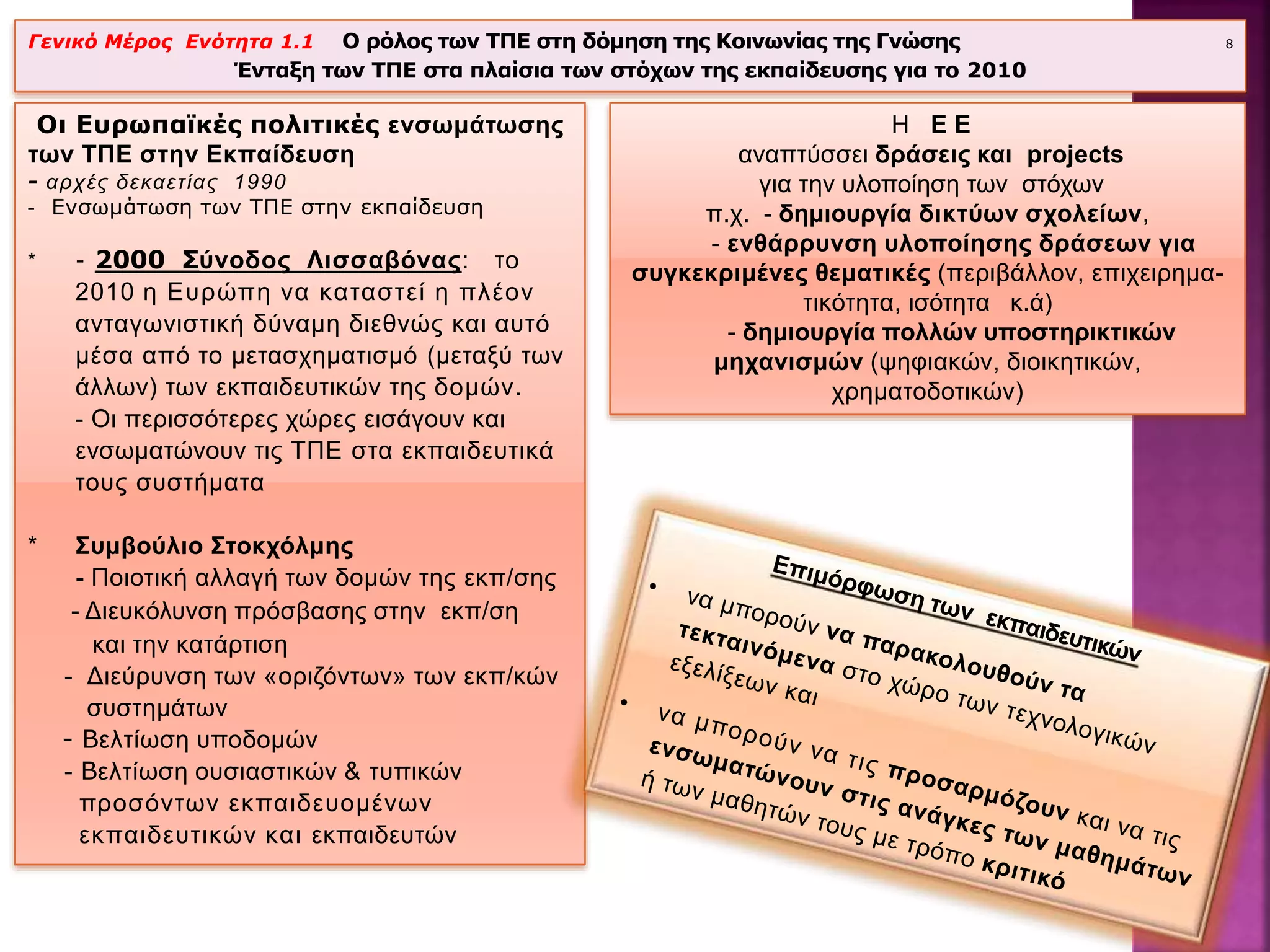 Οι Ευρωπαϊκές πολιτικές ενσωμάτωσης
των ΤΠΕ στην Εκπαίδευση
- αρχές δεκαετίας 1990
- Ενσωμάτωση των ΤΠΕ στην εκπαίδευση
* - 2000 Σύνοδος Λισσαβόνας: το
2010 η Ευρώπη να καταστεί η πλέον
ανταγωνιστική δύναμη διεθνώς και αυτό
μέσα από το μετασχηματισμό (μεταξύ των
άλλων) των εκπαιδευτικών της δομών.
- Οι περισσότερες χώρες εισάγουν και
ενσωματώνουν τις ΤΠΕ στα εκπαιδευτικά
τους συστήματα
* Συμβούλιο Στοκχόλμης
- Ποιοτική αλλαγή των δομών της εκπ/σης
- Διευκόλυνση πρόσβασης στην εκπ/ση
και την κατάρτιση
- Διεύρυνση των «οριζόντων» των εκπ/κών
συστημάτων
- Βελτίωση υποδομών
- Βελτίωση ουσιαστικών & τυπικών
προσόντων εκπαιδευομένων
εκπαιδευτικών και εκπαιδευτών
Γενικό Μέρος Ενότητα 1.1 Ο ρόλος των ΤΠΕ στη δόμηση της Κοινωνίας της Γνώσης 8
Ένταξη των ΤΠΕ στα πλαίσια των στόχων της εκπαίδευσης για το 2010
Η Ε Ε
αναπτύσσει δράσεις και projects
για την υλοποίηση των στόχων
π.χ. - δημιουργία δικτύων σχολείων,
- ενθάρρυνση υλοποίησης δράσεων για
συγκεκριμένες θεματικές (περιβάλλον, επιχειρημα-
τικότητα, ισότητα κ.ά)
- δημιουργία πολλών υποστηρικτικών
μηχανισμών (ψηφιακών, διοικητικών,
χρηματοδοτικών)
 