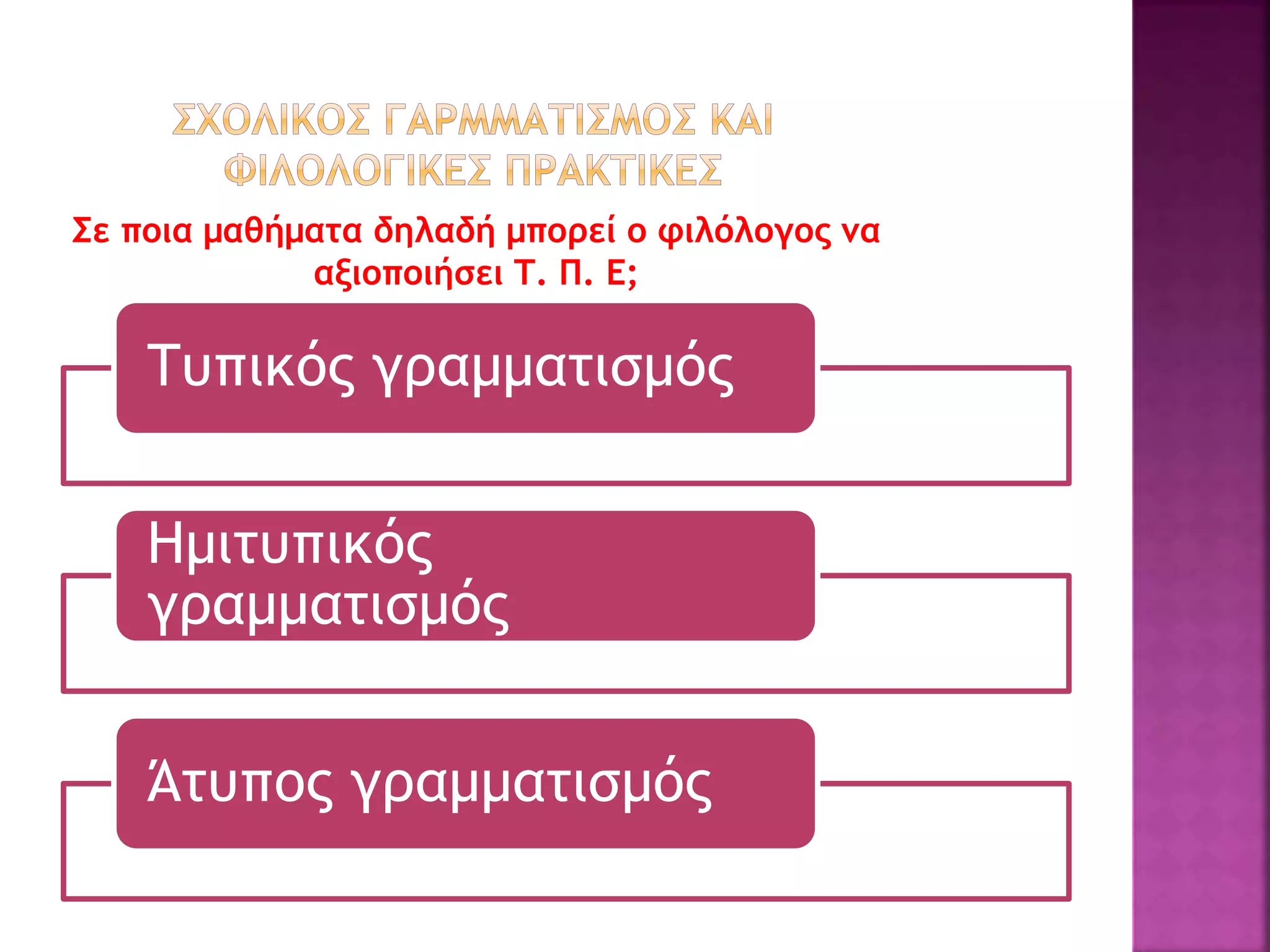 Σε ποια μαθήματα δηλαδή μπορεί ο φιλόλογος να
αξιοποιήσει Τ. Π. Ε;
Τυπικός γραμματισμός
Ημιτυπικός
γραμματισμός
Άτυπος γραμματισμός
 