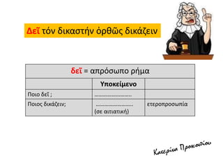 Δεῖ τόν δικαστήν ὀρθῶς δικάζειν
δεῖ = απρόσωπο ρήμα
Υποκείμενο
Ποιο δεῖ ; ……………………..
Ποιος δικάζειν; ……………………..
(σε αιτιατική)
ετεροπροσωπία
 