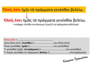 Ἐλπίς ἐστι ἡμῖν τὰ πράγματα γενέσθαι βελτίω.
Ἐλπίς ἐστι ἡμᾶς τὰ πράγματα γενέσθαι βελτίω.
=υπάρχει ελπίδα να κάνουμε (εμείς) τα πράγματα καλύτερα
Ἐλπίς ἐστι = ………………………………………………….
ποιο ἐλπίς ἐστι; Γενέσθαι (=………………………….του ἐλπίς ἐστι)
Ποιοι γενέσθαι; ἡμᾶς (=………………………………..του γενέσθαι)
Τι γενέσθαι ἡμᾶς; τά πράγματα (= …………………………………του γενέσθαι)
Τι λογής γενέσθαι τα πράγματα; Βελτίω (=…………………………..στα πράγματα)
 
