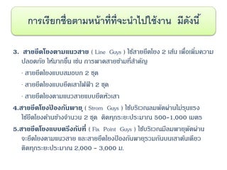 3. สายยึดโยงตามแนวสาย ( Line Guys ) ใช้สายยึดโยง 2 เส้น เพื่อเพิ่มความ
ปลอดภัย ให้มากขึ้น เช่น การพาดสายข้ามที่สาคัญ
· สายยึดโยงแบบสมอบก 2 ชุด
· สายยึดโยงแบบยึดเสาไฟฟ้ า 2 ชุด
· สายยึดโยงตามแนวสายแบบยึดหัวเสา
4.สายยึดโยงป้ องกันพายุ( Strom Guys ) ใช้บริเวณลมพัดผ่านไม่รุนแรง
ใช้ยึดโยงด้านข้างจานวน 2 ชุด ติดทุกระยะประมาณ 500-1,000 เมตร
5.สายยึดโยงแบบตรึงกับที่ ( Fix Point Guys ) ใช้บริเวณมีลมพายุพัดผ่าน
จะยึดโยงตามแนวสาย และสายยึดโยงป้ องกันพายุรวมกันบนเสาต้นเดียว
ติดทุกระยะประมาณ 2,000 - 3,000 ม.
การเรียกชื่อตามหน้าที่ที่จะนาไปใช้งาน มีดังนี้
 