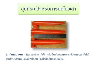 2. ก้านสมอบก ( Rod Anchor ) ใช้สาหรับยึดต่อออกมาจากตัวสมอบก ฝังใต้
ดินปลายด้านหนึ่งโผล่เหนือดิน เพื่อไว้ต่อกับสายยึดโยง
อุปกรณ์สาหรับการยึดโยงเสา
 