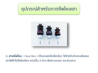 3. สายยึดโยง ( Steel Wire ) เป็นลวดเหล็กตีเกลียว ใช้สาหรับรับแรงดึงของ
เสาไฟฟ้ าไม่ให้ล้มเอียง แบ่งเป็น 2 ช่วง คือช่วงบนเสา และช่วงล่าง
อุปกรณ์สาหรับการยึดโยงเสา
 