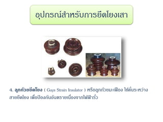 4. ลูกถ้วยยึดโยง ( Guys Strain Insulator ) หรือลูกถ้วยมะเฟือง ใช้คั่นระหว่าง
สายยึดโยง เพื่อป้ องกันอันตรายเนื่องจากไฟฟ้ ารั่ว
อุปกรณ์สาหรับการยึดโยงเสา
 