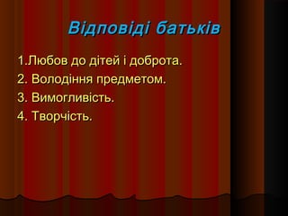 Відповіді батьківВідповіді батьків
1.Любов до дітей і доброта.1.Любов до дітей і доброта.
2. Володіння предметом.2. Володіння предметом.
3. Вимогливість.3. Вимогливість.
4. Творчість.4. Творчість.
 
