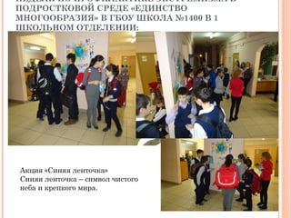 НЕДЕЛЯ ПО ПРОФИЛАКТИКЕ ЭКСТРЕМИЗМА В
ПОДРОСТКОВОЙ СРЕДЕ «ЕДИНСТВО
МНОГООБРАЗИЯ» В ГБОУ ШКОЛА №1400 В 1
ШКОЛЬНОМ ОТДЕЛЕНИИ:
Акция «Синяя ленточка»
Синяя ленточка – символ чистого
неба и крепкого мира.
 
