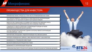 В партнерстве с
ПРЕИМУЩЕСТВА ДЛЯ ИНВЕСТОРА
12
ОТЛАЖЕННЫЕ БИЗНЕС-ПРОЦЕССЫ, В ТОМ ЧИСЛЕ ОПТИМИЗИРОВАННАЯ СХЕМА
ПОСТОЯННОЕ РАЗВИТИЕ, НАЦЕЛЕННОЕ НА МАКСИМАЛЬНУЮ КАПИТАЛИЗАЦИЮ
КОМПАНИИ ЗА СЧЕТ ВЫСОКОГО РАЗМЕРА ПОЛУЧАЕМОЙ ПРИБЫЛИ
РАБОТА НА РАСТУЩЕМ РЫНКЕ В УСЛОВИЯХ ПОСТОЯННОГО РАСШИРЕНИЯ СПРОСА
СУБЪЕКТОВ МАЛОГО ПРЕДПРИНИМАТЕЛЬСТВА В ЗАЕМНЫХ СРЕДСТВАХ
СТАБИЛЬНОСТЬ РАБОТЫ КОМПАНИИ И ЛИДИРУЮЩИЕ ПОЗИЦИИ НА РЫНКЕ
МИКРОФИНАНСИРОВАНИЯ МАЛОГО БИЗНЕСА
СОСТАВ УЧРЕДИТЕЛЕЙ КОМПАНИИ, ОДНИМ ИЗ КОТОРЫХ ЯВЛЯЕТСЯ КРУПНЕЙШИЙ
РОССИЙСКИЙ БАНК – ВТБ-24
ПАРТНЕРСКИЕ ОТНОШЕНИЯ С РЯДОМ КРУПНЕЙШИХ РОССИЙСКИХ БАНКОВ
ПОРТФЕЛЬ РАЗМЕЩЕННЫХ ЗАЙМОВ (С МФО РАБОТАЮТ БОЛЕЕ 10 000 КЛИЕНТОВ)
ВОЗМОЖНОСТЬ СТРАХОВАНИЯ ИНВЕСТИЦИИ
ВЫСОКАЯ НОМИНАЛЬНАЯ ПРОЦЕНТНАЯ СТАВКА
ВОЗМОЖНОСТЬ КАПИТАЛИЗАЦИИ ПРОЦЕНТОВ
СОХРАНЕНИЕ ВЫСОКОГО ПРОЦЕНТНОГО ДОХОДА ПРИ ДОСРОЧНОМ РАСТОРЖЕНИИ ДОГОВОРА
 