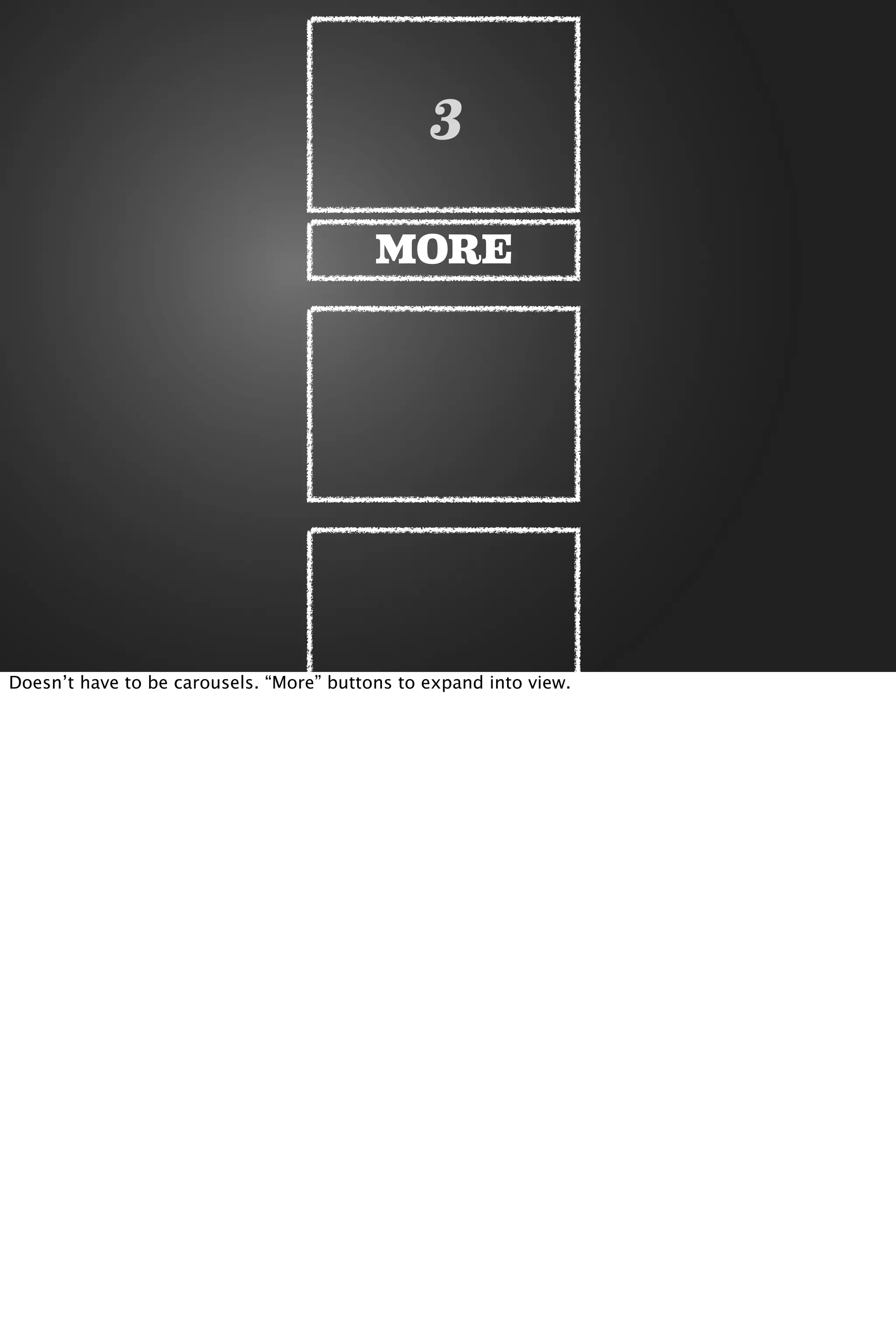 3
MORE
Doesn’t have to be carousels. “More” buttons to expand into view.
 