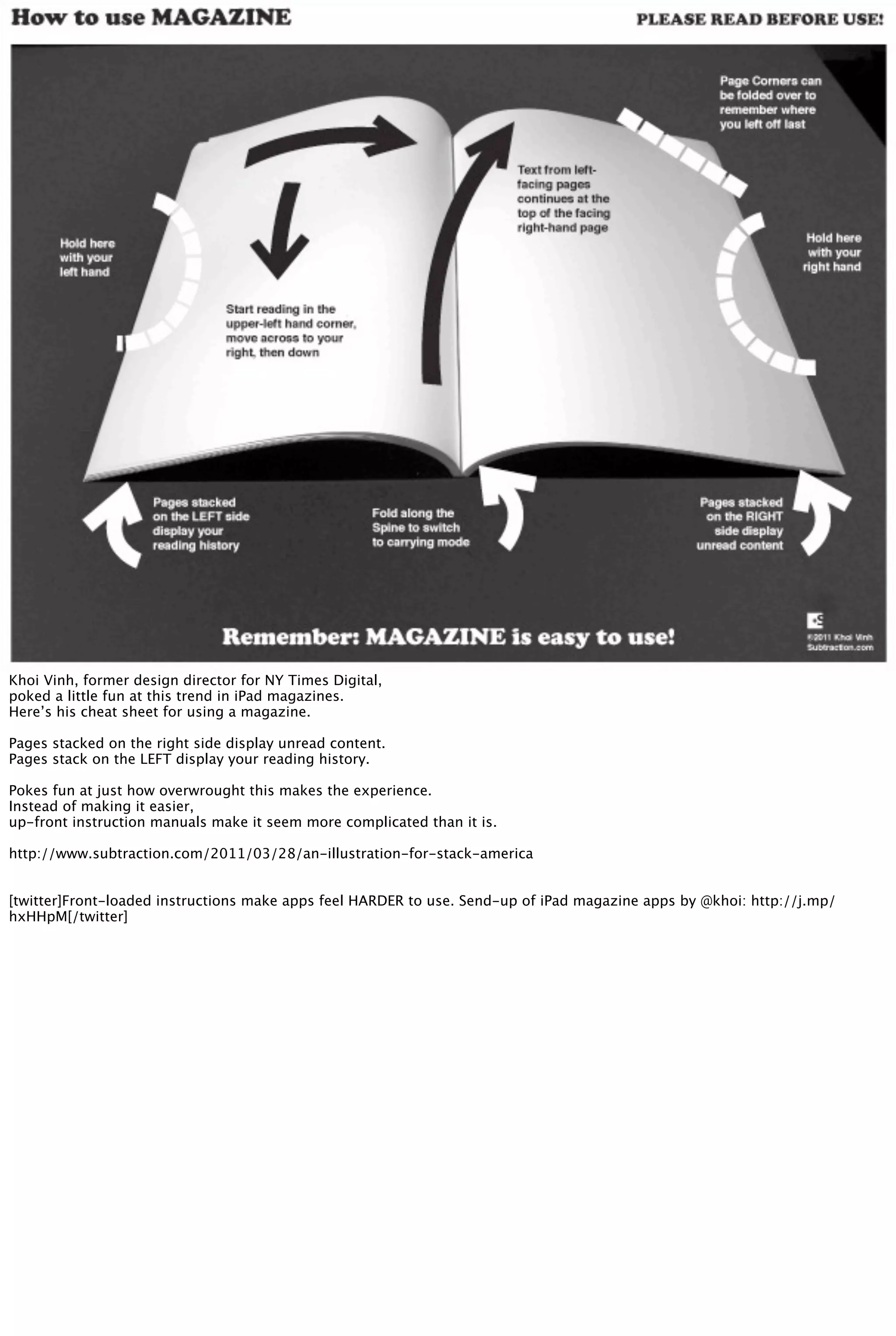 Khoi Vinh, former design director for NY Times Digital,
poked a little fun at this trend in iPad magazines.
Here’s his cheat sheet for using a magazine.
Pages stacked on the right side display unread content.
Pages stack on the LEFT display your reading history.
Pokes fun at just how overwrought this makes the experience.
Instead of making it easier,
up-front instruction manuals make it seem more complicated than it is.
http://www.subtraction.com/2011/03/28/an-illustration-for-stack-america
[twitter]Front-loaded instructions make apps feel HARDER to use. Send-up of iPad magazine apps by @khoi: http://j.mp/
hxHHpM[/twitter]
 