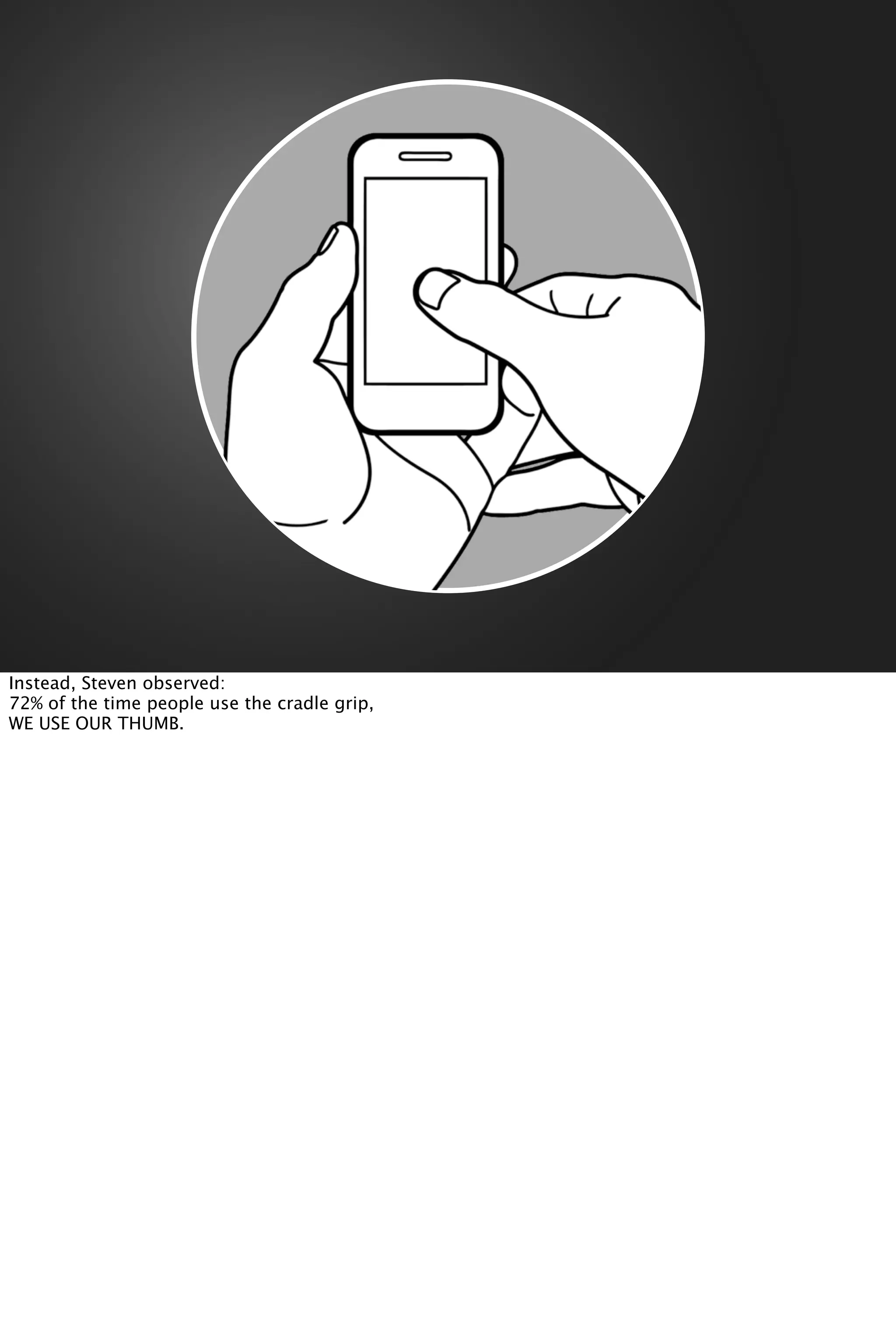 Instead, Steven observed:
72% of the time people use the cradle grip,
WE USE OUR THUMB.
 