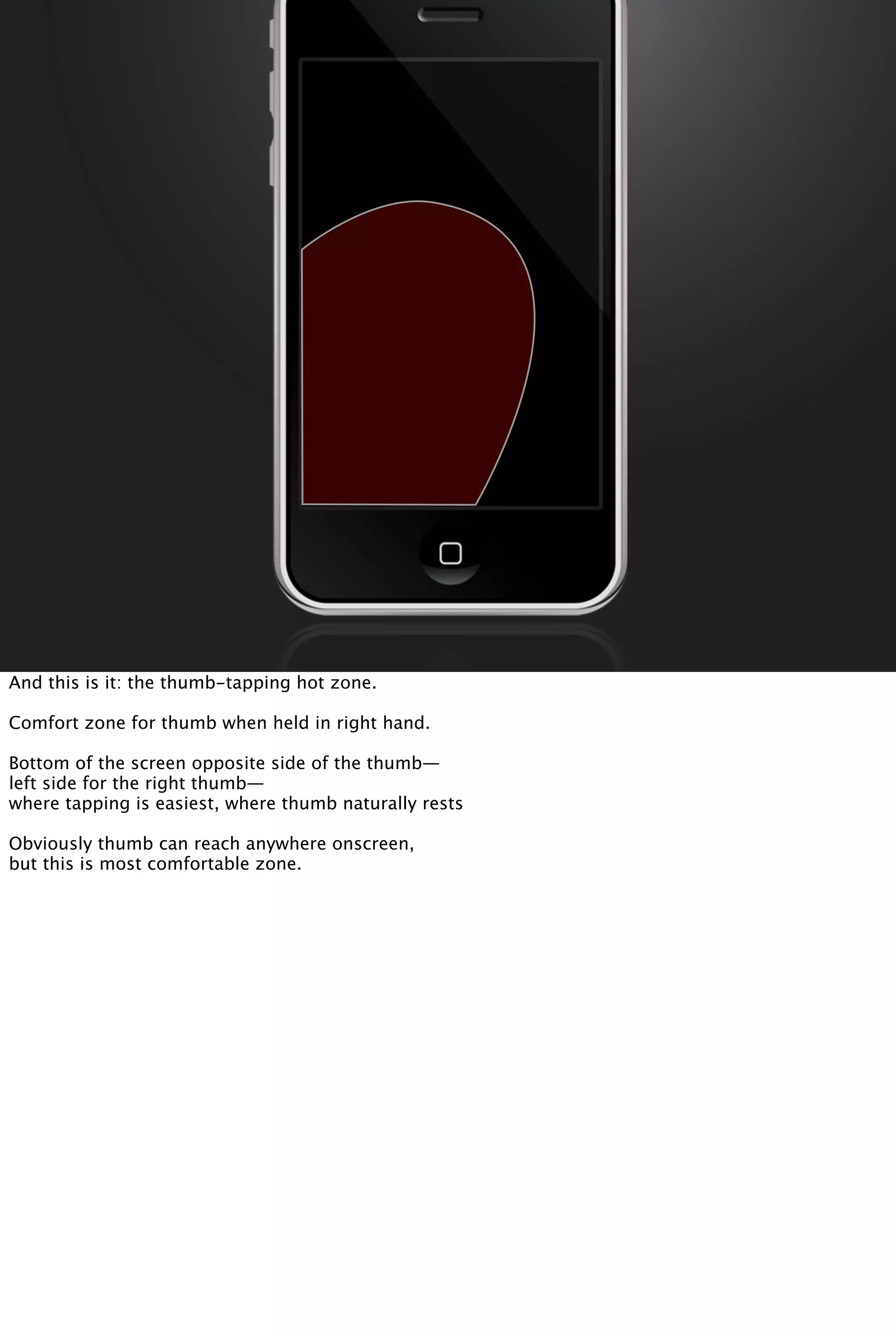 And this is it: the thumb-tapping hot zone.
Comfort zone for thumb when held in right hand.
Bottom of the screen opposite side of the thumb—
left side for the right thumb—
where tapping is easiest, where thumb naturally rests
Obviously thumb can reach anywhere onscreen,
but this is most comfortable zone.
 
