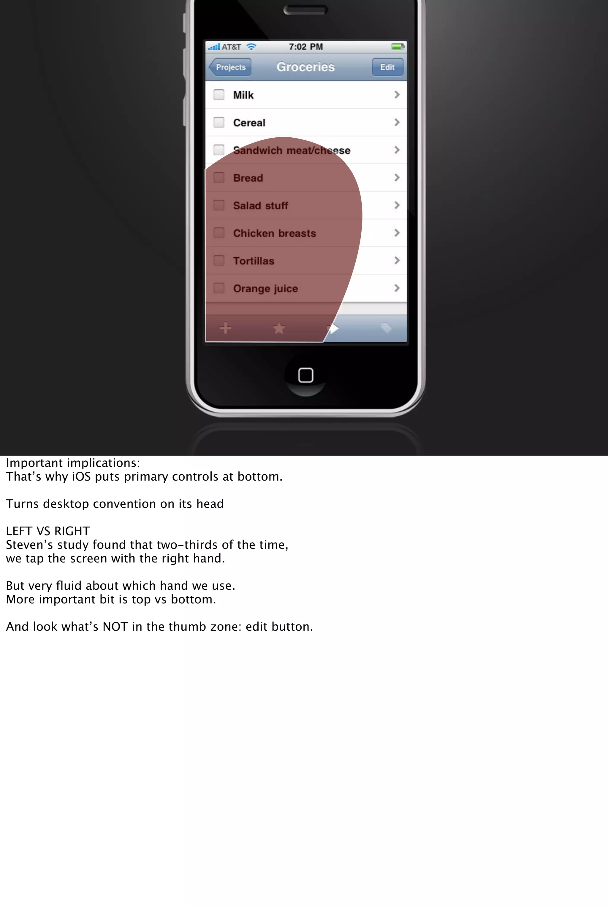 Important implications:
That’s why iOS puts primary controls at bottom.
Turns desktop convention on its head
LEFT VS RIGHT
Steven’s study found that two-thirds of the time,
we tap the screen with the right hand.
But very ﬂuid about which hand we use.
More important bit is top vs bottom.
And look what’s NOT in the thumb zone: edit button.
 