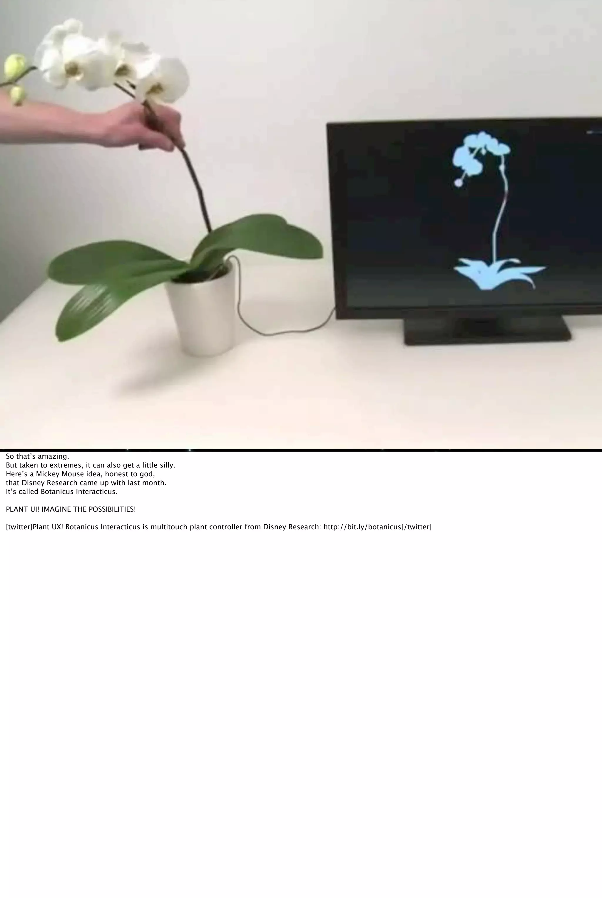 So that’s amazing.
But taken to extremes, it can also get a little silly.
Here’s a Mickey Mouse idea, honest to god,
that Disney Research came up with last month.
It’s called Botanicus Interacticus.
PLANT UI! IMAGINE THE POSSIBILITIES!
[twitter]Plant UX! Botanicus Interacticus is multitouch plant controller from Disney Research: http://bit.ly/botanicus[/twitter]
 