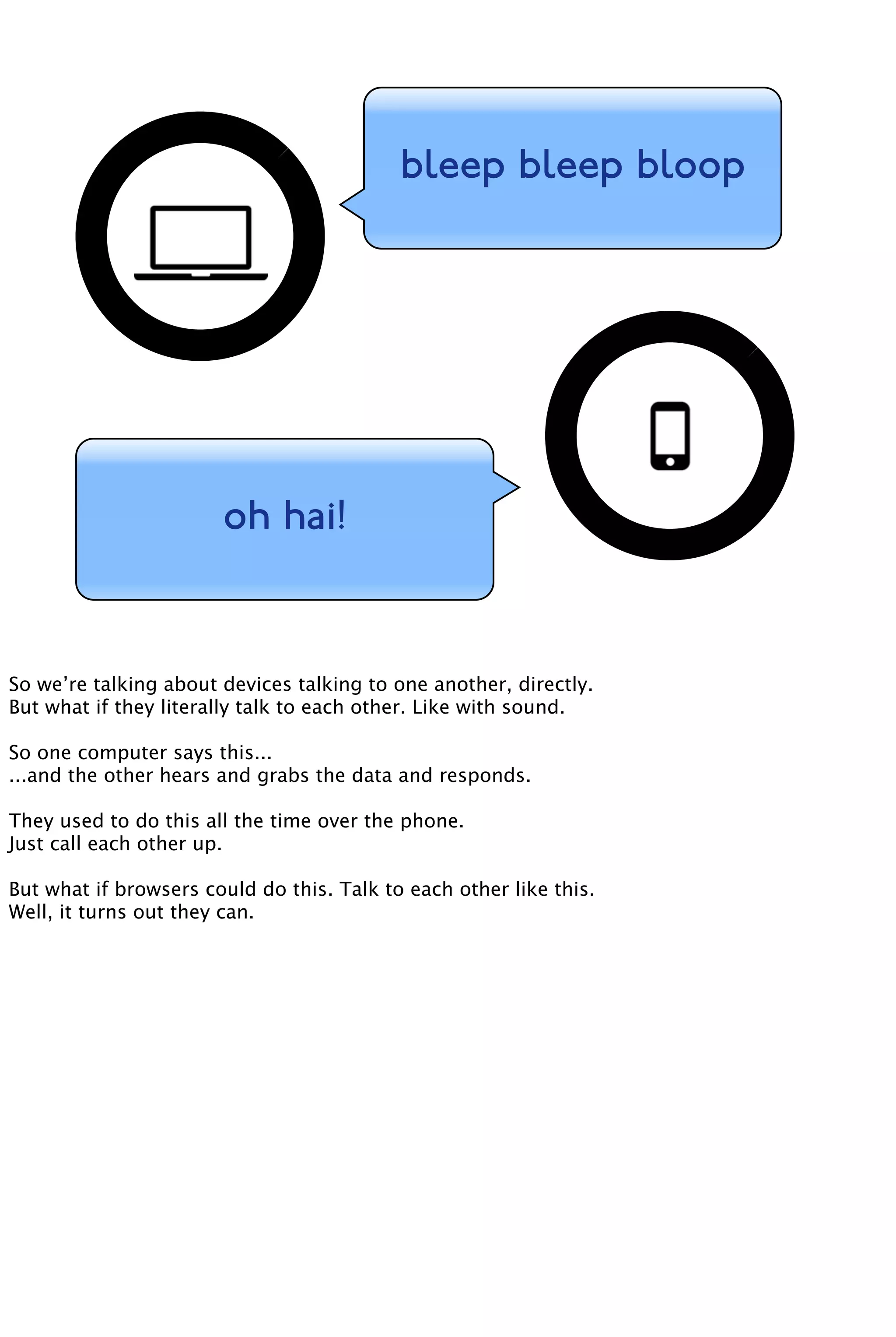 bleep bleep bloop
oh hai!
So we’re talking about devices talking to one another, directly.
But what if they literally talk to each other. Like with sound.
So one computer says this...
...and the other hears and grabs the data and responds.
They used to do this all the time over the phone.
Just call each other up.
But what if browsers could do this. Talk to each other like this.
Well, it turns out they can.
 