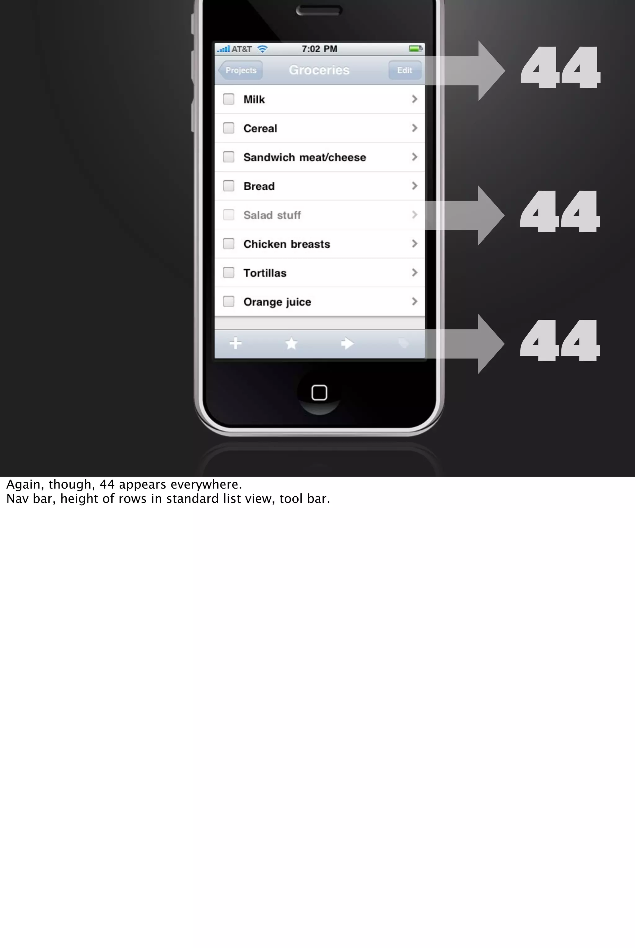 44
44
44
Again, though, 44 appears everywhere.
Nav bar, height of rows in standard list view, tool bar.
 