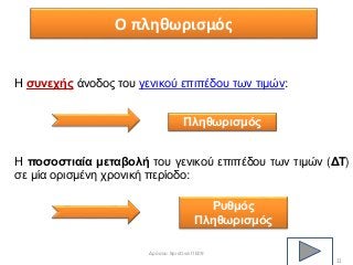 Ο πληθωρισμός
11
Η συνεχής άνοδος του γενικού επιπέδου των τιμών:
Η ποσοστιαία μεταβολή του γενικού επιπέδου των τιμών (ΔΤ)
σε μία ορισμένη χρονική περίοδο:
Πληθωρισμός
Ρυθμός
Πληθωρισμός
Δρόσου Χριστίνα ΠΕ09
 