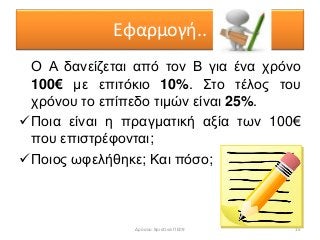 Εφαρμογή..
Ο Α δανείζεται από τον Β για ένα χρόνο
100€ με επιτόκιο 10%. Στο τέλος του
χρόνου το επίπεδο τιμών είναι 25%.
Ποια είναι η πραγματική αξία των 100€
που επιστρέφονται;
Ποιος ωφελήθηκε; Και πόσο;
15Δρόσου Χριστίνα ΠΕ09
 