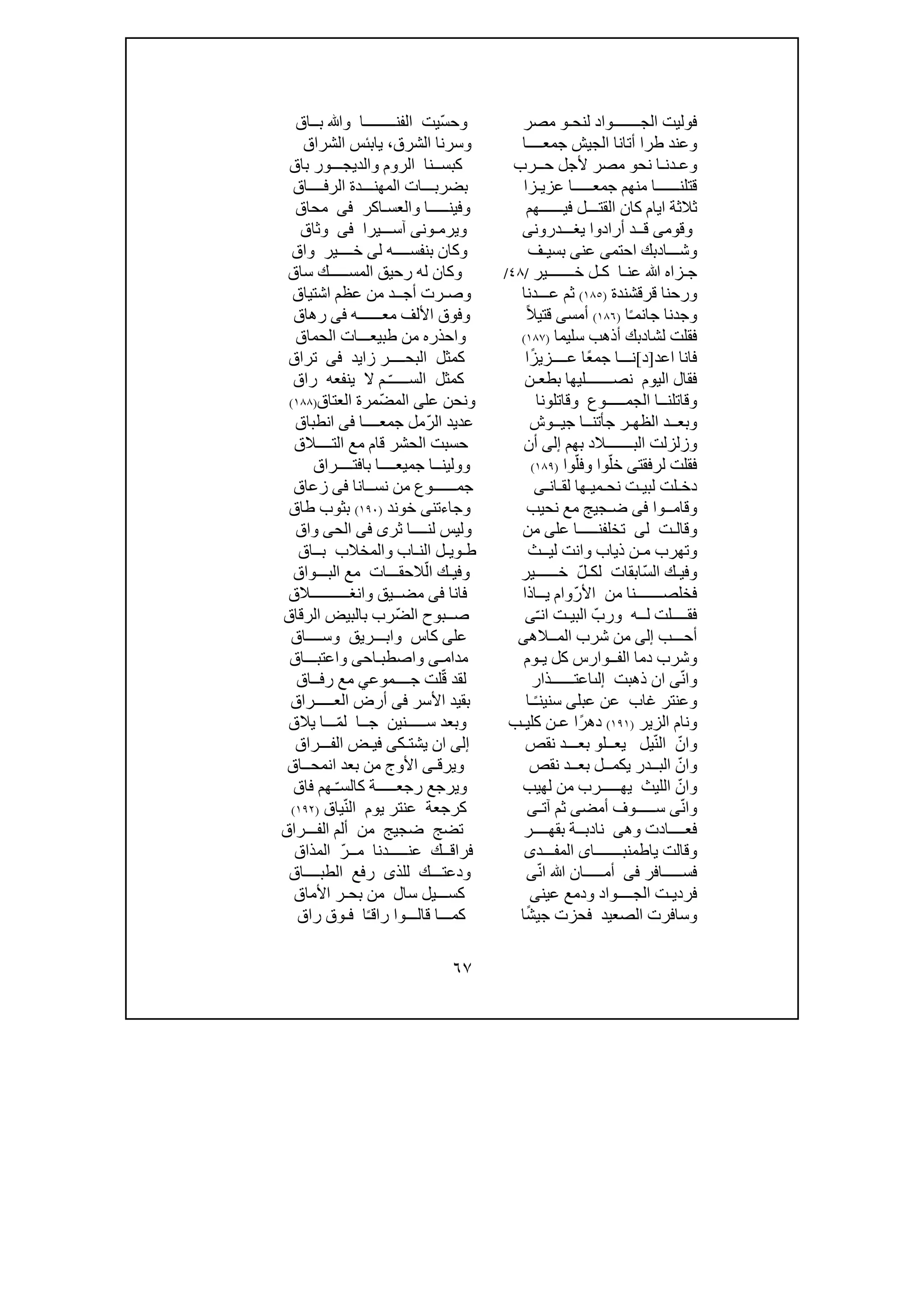 ٦٧
‫لنحـ‬ ‫الجـــــــواد‬ ‫فوليت‬‫و‬‫مصر‬ّ‫س‬‫وح‬‫ي‬‫بــاق‬ ‫وﷲ‬ ‫الفنــــــــا‬ ‫ت‬
‫جمعـ‬ ‫الجيش‬ ‫أتانا‬ ‫طرا‬ ‫وعند‬‫ـ‬‫ــا‬‫الشراق‬ ‫يابئس‬ ،‫الشرق‬ ‫وسرنا‬
‫وع‬‫ـ‬‫د‬‫نـ‬‫ا‬‫نحو‬‫ح‬ ‫ألجل‬ ‫مصر‬‫ـ‬‫ـ‬‫رب‬‫كبســنا‬‫ا‬‫والديجـــور‬ ‫لروم‬‫باق‬
‫جمعـــــا‬ ‫منھم‬ ‫قتلنــــــا‬‫ع‬‫زي‬‫ـ‬‫ز‬‫ا‬‫المھنــ‬ ‫بضربـــات‬‫الر‬ ‫ـدة‬‫ف‬‫ــــاق‬
‫ثالث‬‫ة‬‫ا‬‫ي‬‫ا‬‫القتــ‬ ‫كان‬ ‫م‬‫فيــــــھم‬ ‫ـل‬‫وفينــــ‬‫والعسـاكر‬ ‫ـا‬‫فى‬‫محاق‬
‫وقوم‬‫ى‬‫يغـ‬ ‫أرادوا‬ ‫قــد‬‫ـ‬‫ـدرون‬‫ى‬‫و‬‫يرم‬‫ـون‬‫ى‬‫آسـ‬‫ــيرا‬‫فى‬‫وثاق‬
‫وشـــا‬‫د‬‫احتم‬ ‫بك‬‫ى‬‫عن‬‫ى‬‫بسي‬‫ـ‬‫ف‬‫وك‬‫بنفســــ‬ ‫ان‬‫ل‬ ‫ه‬‫ى‬‫خــــير‬‫واق‬
‫جـ‬‫عن‬ ‫ﷲ‬ ‫زاه‬‫ـا‬‫ك‬‫خــــــ‬ ‫ـل‬‫ـير‬/٤٨/‫المســـ‬ ‫رحيق‬ ‫له‬ ‫وكان‬‫ـ‬‫ساق‬ ‫ـك‬
‫ق‬ ‫ورحنا‬‫ر‬‫قشند‬‫ة‬)١٨٥(‫عـــدنا‬ ‫ثم‬‫أجــ‬ ‫وصـرت‬‫د‬‫اشتياق‬ ‫عظم‬ ‫من‬
‫وجدن‬ً‫ـ‬‫جانم‬ ‫ا‬‫ا‬)١٨٦(‫أمس‬‫ى‬‫قتي‬ً‫ال‬‫معــــــ‬ ‫األلف‬ ‫وفوق‬‫ه‬‫فى‬‫رھاق‬
‫لش‬ ‫فقلت‬‫ا‬‫د‬‫أذھ‬ ‫بك‬‫سليم‬ ‫ب‬‫ا‬)١٨٧(‫واحذر‬‫ه‬‫طبيعـــ‬ ‫من‬‫ا‬‫الحماق‬ ‫ت‬
‫اعد‬ ‫فانا‬]‫د‬[‫جم‬ ‫نـــا‬ً‫ع‬‫ا‬‫عــــ‬‫ز‬‫ي‬ً‫ز‬‫ا‬‫البحـــ‬ ‫كمثل‬‫زايد‬ ‫ـر‬‫فى‬‫تراق‬
‫نصـــــــليھا‬ ‫اليوم‬ ‫فقال‬‫بطع‬‫ـ‬‫ن‬‫الســــ‬ ‫كمثل‬ّ‫ـ‬‫راق‬ ‫ينفعه‬ ‫ال‬ ‫ـم‬
‫الجمـــ‬ ‫وقاتلنــا‬‫ــ‬‫وقاتلونا‬ ‫وع‬‫ونح‬‫عل‬ ‫ن‬‫ى‬ّ‫المض‬‫مرة‬‫الع‬‫ت‬‫اق‬)١٨٨(
‫الظھ‬ ‫وبعــد‬‫ـ‬‫ج‬ ‫ر‬‫أ‬‫جي‬ ‫تنــا‬‫ــ‬‫وش‬‫عد‬‫ي‬ّ‫الر‬ ‫د‬‫جمعــــا‬ ‫مل‬‫فى‬‫انطباق‬
‫بھم‬ ‫البـــــــالد‬ ‫وزلزلت‬‫إلى‬‫أن‬‫م‬ ‫قام‬ ‫الحشر‬ ‫حسبت‬‫التــــالق‬ ‫ع‬
‫فق‬‫لت‬‫لرفقت‬‫ى‬ّ‫خل‬‫وا‬‫و‬ّ‫فل‬‫وا‬)١٨٩(‫و‬‫بافتــــراق‬ ‫جميعــــا‬ ‫ولينــا‬
‫دخ‬‫ـ‬‫لبي‬ ‫لت‬‫ـ‬‫نح‬ ‫ت‬‫ـ‬‫مي‬‫ـ‬‫لق‬ ‫ھا‬‫ـ‬‫ان‬‫ـ‬‫ى‬‫نســانا‬ ‫من‬ ‫جمــــــوع‬‫فى‬‫زعاق‬
‫وقامــ‬‫وا‬‫فى‬‫ض‬‫نحيب‬ ‫مع‬ ‫ـجيج‬‫وجاءتن‬‫ى‬‫خوند‬)١٩٠(‫ب‬‫طاق‬ ‫ثوب‬
‫و‬‫ل‬ ‫قالـت‬‫ى‬‫تخلفنـــ‬‫ـ‬‫عل‬ ‫ـا‬‫ى‬‫من‬‫ثرى‬ ‫لنــــا‬ ‫وليس‬‫فى‬‫الح‬‫ى‬‫واق‬
‫و‬‫ذياب‬ ‫مـن‬ ‫تھرب‬‫و‬‫ليــث‬ ‫انت‬‫النـاب‬ ‫طـويـل‬‫و‬‫بــاق‬ ‫المخالب‬
ّ‫س‬‫ال‬ ‫وفيـك‬ّ‫لكـل‬ ‫ابقات‬‫خــ‬‫ــــير‬ّ‫ال‬ ‫وفيـك‬‫البـــواق‬ ‫مع‬ ‫الحقـــات‬
‫من‬ ‫فخلصـــــــنا‬ّ‫األر‬‫و‬‫ي‬ ‫ام‬‫ــاذا‬‫فانا‬‫فى‬‫وان‬ ‫مضــيق‬‫غ‬‫ــــــــــ‬‫الق‬
‫فقـ‬‫ل‬ ‫ـــلت‬‫ــ‬‫ه‬ّ‫ورب‬‫البي‬‫ـ‬‫ان‬ ‫ت‬ّ‫ـ‬‫ى‬ّ‫الض‬ ‫صــبوح‬‫الرقاق‬ ‫بالبيض‬ ‫رب‬
‫أحـ‬‫ـ‬‫ـب‬‫إلى‬‫المــالھ‬ ‫شرب‬ ‫من‬‫ى‬‫ك‬ ‫على‬‫ا‬‫س‬‫وابـــريق‬‫وســــاق‬
‫يـوم‬ ‫كل‬ ‫الفــوارس‬ ‫دما‬ ‫وشرب‬‫واصطبـاح‬ ‫مدامـى‬‫ى‬‫واعتبـــاق‬
ّ‫ن‬‫وا‬‫ى‬‫ذھبت‬ ‫ان‬‫إلٮ‬‫اعتــــــذار‬‫لق‬ّ‫ق‬ ‫د‬‫جــــموع‬ ‫لت‬‫ي‬‫رفــاق‬ ‫مع‬
‫عبل‬ ‫عن‬ ‫غاب‬ ‫وعنتر‬ً‫ـ‬‫سنين‬ ‫ى‬‫األسر‬ ‫بقيد‬ ‫ـا‬‫فى‬‫العـــــراق‬ ‫أرض‬
‫ون‬‫الزير‬ ‫ام‬)١٩١(‫دھ‬ً‫ر‬‫ا‬‫عـ‬‫ن‬‫كليـب‬‫ســــ‬ ‫وبعد‬‫ج‬ ‫ـنين‬‫ــ‬‫ا‬ّ‫م‬‫ل‬‫يالق‬ ‫ـــا‬
ّ‫وان‬ّ‫ن‬‫ال‬‫يعــل‬ ‫يل‬‫و‬‫نقص‬ ‫بعـــد‬‫إلى‬‫يشتـك‬ ‫ان‬‫ى‬‫الفـــراق‬ ‫فيـض‬
‫و‬ّ‫ان‬‫البــ‬‫در‬‫نقص‬ ‫بعــد‬ ‫يكمــل‬‫ويرق‬‫ـ‬‫انمحــاق‬ ‫بعد‬ ‫من‬ ‫األوج‬ ‫ى‬
ّ‫وان‬‫يھـــ‬ ‫الليث‬‫لھيب‬ ‫من‬ ‫ــرب‬ّ‫ـ‬‫كالس‬ ‫رجعـــــة‬ ‫ويرجع‬‫فاق‬ ‫ـھم‬
ّ‫ن‬‫وا‬‫ى‬‫ســـــو‬‫أمض‬ ‫ف‬‫ى‬‫آت‬ ‫ثم‬‫ـ‬‫ى‬‫عنتر‬ ‫كرجعة‬‫ال‬ ‫يوم‬‫ي‬ّ‫ن‬‫اق‬)١٩٢(
‫وھ‬ ‫فعــــادت‬‫ى‬‫بقھــــر‬ ‫نادبــة‬‫ض‬ ‫تضج‬‫جي‬‫الفـــراق‬ ‫ألم‬ ‫من‬ ‫ج‬
‫ياطم‬ ‫وقالت‬‫نبـــــــا‬‫ى‬‫المف‬‫ـــ‬‫د‬‫ى‬ّ‫مــر‬ ‫عنـــــدنا‬ ‫فراقــك‬‫المذاق‬
‫فســـــافر‬‫فى‬‫أمــ‬‫ـ‬ّ‫ن‬‫ا‬ ‫ﷲ‬ ‫ــان‬‫ى‬‫للذ‬ ‫ودعتـــك‬‫ى‬‫الطبــــاق‬ ‫رفع‬
‫فر‬‫دي‬‫عين‬ ‫ودمع‬ ‫الجــــواد‬ ‫ـت‬‫ى‬‫األماق‬ ‫بحـر‬ ‫من‬ ‫سال‬ ‫كســـيل‬
‫الص‬ ‫وسافرت‬ً‫ش‬‫جي‬ ‫فحزت‬ ‫عيد‬‫ا‬ً‫ـ‬‫راق‬ ‫قالـــوا‬ ‫كمـــا‬‫ا‬‫ف‬‫ـ‬‫راق‬ ‫وق‬
 