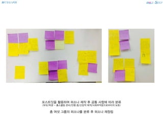 페르소나 선정 에 급 타쿠5SS
포스트잇을 활용하여 퍼소나 제작 후 공통 사항에 따라 분류
(부모/학생 - 홈스쿨링 준비/진행 중/신앙적 목적/사회부적응으로부터의 보호)
총 여섯 그룹의 퍼소나를 분류 후 퍼소나 재정립
 