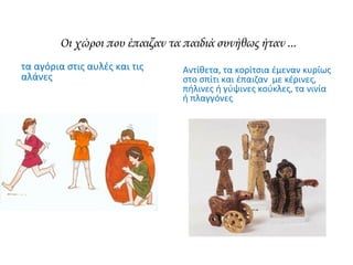 Οι χώροι που έπαιζαν τα παιδιά συνήθως ήταν ...
τα αγόρια στις αυλές και τις
αλάνες
Αντίθετα, τα κορίτσια έμεναν κυρίως
στο σπίτι και έπαιζαν με κέρινες,
πήλινες ή γύψινες κούκλες, τα νινία
ή πλαγγόνες.
 
