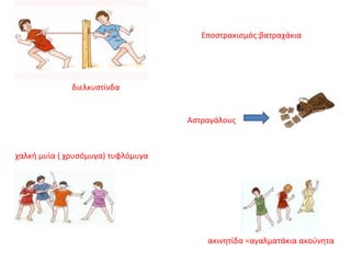 Αστραγάλους
Εποστρακισμός:βατραχάκια
διελκυστίνδα
χαλκή μυία ( χρυσόμυγα) τυφλόμυγα
ακινητίδα =αγαλματάκια ακούνητα
 