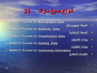 ‫مارك‬ ‫صيغ‬ ‫أنواع‬‫مارك‬ ‫صيغ‬ ‫أنواع‬2121
• MARC21 Format forMARC21 Format for Bibliographic DataBibliographic Data
•‫الببليوجرافية‬ ‫الصيغة‬‫الببليوجرافية‬ ‫الصيغة‬
• MARC21 Format forMARC21 Format for Authority DataAuthority Data
•‫االستنادية‬ ‫الصيغة‬‫االستنادية‬ ‫الصيغة‬
• MARC21 Format forMARC21 Format for Classification DataClassification Data
•‫التصنيف‬ ‫بيانات‬‫التصنيف‬ ‫بيانات‬
• MARC21 Format forMARC21 Format for Holding DataHolding Data
•‫المقتنيات‬ ‫بيانات‬‫المقتنيات‬ ‫بيانات‬
• MARC21 Format forMARC21 Format for Community InformationCommunity Information
•‫المجتمع‬ ‫معلومات‬‫المجتمع‬ ‫معلومات‬
12
 