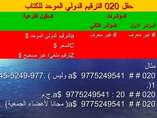 ‫حقل‬‫حقل‬020020‫للكتاب‬ ‫الموحد‬ ‫الدولي‬ ‫الترقيم‬‫للكتاب‬ ‫الموحد‬ ‫الدولي‬ ‫الترقيم‬
‫الفرعية‬ ‫الحقول‬‫الفرعية‬ ‫الحقول‬ ‫المؤشرات‬‫المؤشرات‬
‫الثاني‬ ‫المؤشر‬‫الثاني‬ ‫المؤشر‬ ‫الول‬ ‫المؤشر‬‫الول‬ ‫المؤشر‬
aa$ ‫الموحد‬ ‫الدولي‬ ‫الترقيم‬$ ‫الموحد‬ ‫الدولي‬ ‫الترقيم‬
CC$ ‫السعر‬$ ‫السعر‬
ZZ$ ‫صحيح‬ ‫غير‬ /‫ملغي‬ ‫ترقيم‬$ ‫صحيح‬ ‫غير‬ /‫ملغي‬ ‫ترقيم‬
‫معرف‬ ‫غير‬ #‫معرف‬ ‫غير‬ # ‫معرف‬ ‫غير‬ #‫معرف‬ ‫غير‬ #
‫مثال‬‫مثال‬
020020# ## #a$ 9775249541a$ 9775249541. ( ‫وليس‬. ( ‫وليس‬977977--52495249--4545
11.).)
020020# ## #a$ 9775249541 : 20a$ 9775249541 : 20‫.ج.م‬‫.ج.م‬
020020# ## #a$ 9775249541a$ 9775249541(‫الجمعية‬ ‫لعضاء‬ ‫مجانا‬ )(‫الجمعية‬ ‫لعضاء‬ ‫مجانا‬ )
 