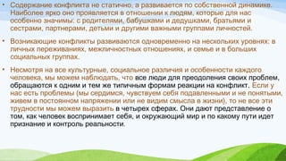 • Содержание конфликта не статично, а развивается по собственной динамике.
Наиболее ярко оно проявляется в отношении к людям, которые для нас
особенно значимы: с родителями, бабушками и дедушками, братьями и
сестрами, партнерами, детьми и другими важными группами личностей.
• Возникающие конфликты развиваются одновременно на нескольких уровнях: в
личных переживаниях, межличностных отношениях, и семье и в больших
социальных группах.
• Несмотря на все культурные, социальное различия и особенности каждого
человека, мы можем наблюдать, что все люди для преодоления своих проблем,
обращаются к одним и тем же типичным формам реакции на конфликт. Если у
нас есть проблемы (мы сердимся, чувствуем себя подавленными и не понятыми,
живем в постоянном напряжении или не видим смысла в жизни), то не все эти
трудности мы можем выразить в четырех сферах. Они дают представление о
том, как человек воспринимает себя, и окружающий мир и по какому пути идет
признание и контроль реальности.
 