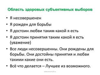 Область здоровых субъективных выборов
• Я несовершенен
• Я рожден для борьбы
• Я достоин любви таким какой я есть
• Я достоин принятия таким какой я есть
(уважение)
• Все люди несовершенны. Они рождены для
борьбы. Они достойны принятия и любви
такими какие они есть.
• Всё что делается – Лучшее из возможного.
www.aiconsult.ru
 
