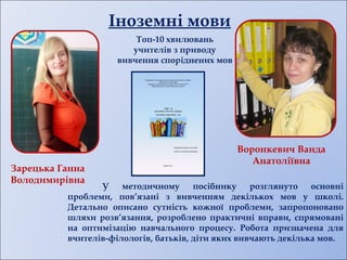 Іноземні мови
Воронкевич Ванда
Анатоліївна
Зарецька Ганна
Володимирівна
У методичному посібнику розглянуто основні
проблеми, пов’язані з вивченням декількох мов у школі.
Детально описано сутність кожної проблеми, запропоновано
шляхи розв’язання, розроблено практичні вправи, спрямовані
на оптимізацію навчального процесу. Робота призначена для
вчителів-філологів, батьків, діти яких вивчають декілька мов.
Топ-10 хвилювань
учителів з приводу
вивчення споріднених мов
 