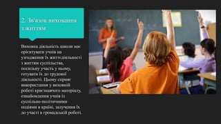 2. Зв'язок виховання
з життям
Виховна діяльність школи має
орієнтувати учнів на
узгодження їх життєдіяльності
з життям суспільства,
посильну участь у ньому,
готувати їх до трудової
діяльності. Цьому сприяє
використання у виховній
роботі краєзнавчого матеріалу,
ознайомлення учнів із
суспільно-політичними
подіями в країні, залучення їх
до участі в громадській роботі.
 