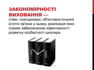 ЗАКОНОМІРНОСТІ
ВИХОВАННЯ —
стійкі, повторювані, об'єктивно-існуючі
істотні зв'язки у ньому, реалізація яких
сприяє забезпеченню ефективності
розвитку особистості школяра.
 