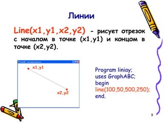 9
Линии
Line(x1,y1,x2,y2) - рисует отрезок
с началом в точке (x1,y1) и концом в
точке (x2,y2).
Program liniay;
uses GraphABC;
begin
line(100,50,500,250);
end.
x1,y1
x2,y2
 