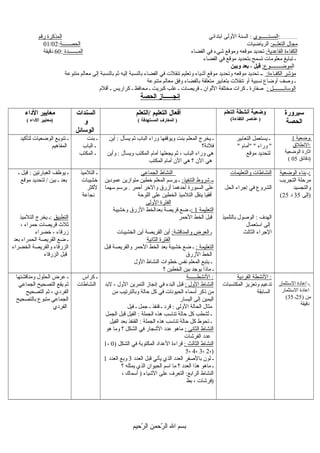 ‫المستــــــوى‬‫ابتدائي‬ ‫اللولى‬ ‫السنة‬ :‫رقم‬ ‫المذكرة‬ :................
:‫التعلــم‬ ‫مجال‬‫الرياضيات‬‫الحصـــــة‬:01/02
:‫القاعدية‬ ‫الكفاءة‬‫الفضاء‬ ‫في‬ ‫شيء‬ ‫لوموقع‬ ‫موقعه‬ ‫تحديد‬‫المـــــــدة‬:60‫دقيقة‬
‫الفضاء‬ ‫في‬ ‫موقع‬ ‫بتحديد‬ ‫تسمح‬ ‫معلومات‬ ‫تبايغ‬ ‫ـ‬
‫ا‬:‫لموضــــــــوع‬‫وبين‬ ‫بعد‬ ، ‫قبل‬
:‫الكفـاءة‬ ‫مؤشر‬‫متنوعة‬ ‫معالم‬ ‫إلى‬ ‫بالنسبة‬ ‫ثم‬ ‫إليه‬ ‫بالنسبة‬ ‫الفضاء‬ ‫في‬ ‫تنقلت‬ ‫لوتعليم‬ ‫أشياء‬ ‫موقع‬ ‫لوتحديد‬ ‫موقعه‬ ‫تحديد‬ ‫ــ‬
‫متنوعة‬ ‫معالم‬ ‫لوفق‬ ‫بالفضاء‬ ‫متعلقة‬ ‫بتعابير‬ ‫تنقلت‬ ‫ألو‬ ‫نسبية‬ ‫ألوضاع‬ ‫لوصف‬ ‫ـ‬
: ‫الوسائــــــــل‬‫أقلم‬ ‫ـ‬ ‫كراريس‬ ‫ـ‬ ‫محافظ‬ ‫ـ‬ ‫كبريت‬ ‫علب‬ ‫ـ‬ ‫قريصات‬ ‫ـ‬ ‫اللوان‬ ‫مختلفة‬ ‫كرات‬ ‫ـ‬ ‫صفارة‬
‫الحصة‬ ‫إنجــــــاز‬
‫الاداء‬ ‫معايير‬
( ‫الاداء‬ ‫)معايير‬
‫السندات‬
‫و‬
‫الوسائل‬
‫/التعلم‬ ‫التعليم‬ ‫أفعال‬
( ‫المستهدفة‬ ‫المعارف‬ )
‫التعلم‬ ‫أنشطة‬ ‫وضعية‬
(‫الكفاءة‬ ‫عناصر‬ )
‫سيرورة‬
‫الحصة‬
‫لتأكيد‬ ‫الوضعيات‬ ‫تنويع‬ ‫ـ‬
‫المفاهيم‬
‫بنت‬ ‫ـ‬
‫الباب‬ ‫ـ‬
‫المكتب‬ ‫ـ‬
‫أين‬ : ‫يسأل‬ ‫ثم‬ ‫الباب‬ ‫لوراء‬ ‫لويوقفها‬ ‫بنت‬ ‫المعلم‬ ‫يخرج‬ ‫ـ‬
‫فلنة؟‬
‫لوأين‬ : ‫لويسأل‬ ‫المكتب‬ ‫أمام‬ ‫يجعلها‬ ‫ثم‬ ، ‫الباب‬ ‫لوراء‬ ‫هي‬
‫المكتب‬ ‫أمام‬ ‫الن‬ ‫هي‬ ‫؟‬ ‫الن‬ ‫هي‬
‫التعابير‬ ‫يستعمل‬ ‫ـ‬
" ‫"أمام‬ " ‫لوراء‬ "
‫موقع‬ ‫لتحديد‬
1 ‫ـوضعية‬
‫النطلق‬:
‫الوضعية‬ ‫اثارة‬
( 05 ‫)دقائق‬
‫ـ‬ ‫قبل‬ : ‫الغبارتين‬ ‫يوظف‬ ‫ـ‬
‫موقع‬ ‫لتحديد‬ / ‫بين‬ ‫ـ‬ ‫بعد‬
‫التطبيق‬‫التلميذ‬ ‫يخرج‬ ‫:ـ‬
، ‫حمراء‬ ‫قريصات‬ ‫ثلث‬
‫خضراء‬ ، ‫زرقاء‬
‫بعد‬ ‫الحمراء‬ ‫القريصة‬ ‫ضع‬ ‫ـ‬
‫الخضراء‬ ‫لوالقريصة‬ ‫الزرقاء‬
‫الزرقاء‬ ‫قبل‬
‫التلميذ‬ ‫ـ‬
‫خشيبات‬
‫لكثر‬
‫نجاعة‬
‫الجماعي‬ ‫النشاط‬
:‫التنفيذ‬ ‫شرلوط‬ ‫ــ‬‫عمودين‬ ‫متوازين‬ ‫خطين‬ ‫المعلم‬ ‫يرسم‬ ‫ـ‬
‫سهما‬ ‫يرسم‬ . ‫أحمر‬ ‫لوالخر‬ ‫أزرق‬ ‫أحدهما‬ ‫السبورة‬ ‫على‬
‫اللوحة‬ ‫على‬ ‫الخطين‬ ‫التلميذ‬ ‫ينقل‬ ‫أفقيا‬
‫اللولى‬ ‫الفترة‬
‫التعليمة‬1:‫لوخشيبة‬ ‫الزرق‬ ‫بعدالخط‬ ‫قريصة‬ ‫ضع‬ ‫ـ‬
‫الحمر‬ ‫الخط‬ ‫قبل‬
:‫لوالمناقشة‬ ‫العرض‬ ‫ـ‬‫الخشيبات‬ ‫أين‬ ‫القريصة‬ ‫أين‬
‫الثانية‬ ‫الفترة‬
: ‫التعليمة‬‫قبل‬ ‫لوالقريصة‬ ‫الحمر‬ ‫الخط‬ ‫بعد‬ ‫خشيبة‬ ‫ضع‬ ‫ـ‬
‫الزرق‬ ‫الخط‬
‫اللول‬ ‫النشاط‬ ‫خطوات‬ ‫نفس‬ ‫المعلم‬ ‫يتبع‬ ‫ـ‬
‫؟‬ ‫الخطين‬ ‫بين‬ ‫يورجد‬ ‫ماذا‬ ‫ـ‬
‫لوالتعليمات‬ ‫النشاطات‬
‫الحل‬ ‫إرجراء‬ ‫في‬ ‫الشرلوع‬
‫بالتلميذ‬ ‫الوصول‬ : ‫الهدف‬
‫استعمال‬ ‫إلى‬
‫الثالث‬ ‫الرجراء‬
‫ـ‬‫الوضعية‬ ‫بناء‬ :
‫التجريب‬ ‫مرحلة‬
‫لوالتجسيد‬
(25 ‫إلى‬35‫د‬ )
‫لومناقشتها‬ ‫الحلول‬ ‫عرض‬ ‫ـ‬
‫الجماعي‬ ‫التصحيح‬ ‫يقع‬ ‫ثم‬
‫التصحيح‬ ‫ثم‬ ، ‫الفردي‬
‫بالتصحيح‬ ‫متبوع‬ ‫الجماعي‬
‫الفردي‬
‫كراس‬ ‫ـ‬
‫النشاطات‬
‫النشطــــــة‬ :
: ‫اللول‬ ‫النشاط‬‫لبد‬ ، ‫اللول‬ ‫التمرين‬ ‫إنجاز‬ ‫في‬ ‫البدء‬ ‫قبل‬
‫من‬ ‫لوبالترتيب‬ ‫حالة‬ ‫كل‬ ‫في‬ ‫الحيونات‬ ‫أسماء‬ ‫ذكر‬ ‫من‬
‫اليسار‬ ‫إلى‬ ‫اليمين‬
‫فيل‬ ‫ـ‬ ‫رجمل‬ ‫ـ‬ ‫قنفذ‬ ‫ـ‬ ‫قرد‬ : ‫اللولى‬ ‫الحالة‬ ‫مثال‬
‫الجمل‬ ‫قبل‬ ‫الفيل‬ : ‫الجملة‬ ‫هذه‬ ‫تناسب‬ ‫حالة‬ ‫كل‬ ‫تشطب‬ُ‫ش‬ ‫ـ‬
‫الفيل‬ ‫بعد‬ ‫القنفذ‬ : ‫الجملة‬ ‫هذه‬ ‫تناسب‬ ‫حالة‬ ‫كل‬ ‫تحوط‬ ‫ـ‬
: ‫الثاني‬ ‫النشاط‬‫هو‬ ‫لوما‬ ‫؟‬ ‫الشكل‬ ‫في‬ ‫الشجار‬ ‫عدد‬ ‫ماهو‬
‫الفرشات‬ ‫عدد‬
: ‫الثالث‬ ‫النشاط‬) ‫الشكل‬ ‫في‬ ‫المكتوبة‬ ‫العداد‬ ‫قراءة‬0،1
،2،3،4،5 )
‫العدد‬ ‫قبل‬ ‫يأتي‬ ‫الذي‬ ‫العدد‬ ‫بالصفر‬ ‫لون‬ ‫ـ‬3‫العدد‬ ‫لوبع‬1
‫؟‬ ‫يمثله‬ ‫الذي‬ ‫الحيوان‬ ‫اسم‬ ‫ما‬ ‫؟‬ ‫العدد‬ ‫هذا‬ ‫ماهو‬ ‫ـ‬
، ‫أسماك‬ ) ‫الشياء‬ ‫على‬ ‫التعرف‬ :‫الرابع‬ ‫النشاط‬
‫بط‬ ، ‫)فرشات‬
‫الفردية‬ ‫النشطة‬ :
‫المكتسبات‬ ‫لوتعزيز‬ ‫تدعيم‬
‫السابقة‬
‫ـ‬‫الستثمار‬ ‫اعادة‬
‫الستثمار‬ ‫اعادة‬
) ‫من‬25‫ـ‬35(
‫دقيقة‬
‫رحيم‬ّ‫ح‬ ‫ال‬ ‫رحمن‬ّ‫ح‬ ‫ال‬ ‫ال‬ ‫بسم‬
 