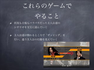 これらのゲームで 
やること
状況も立場もバラバラだった主人公達の 
シナリオを交互に読んでいく
主人公達が関わるところで「ザッピング」を 
行い、違う主人公の行動を変えていく
 