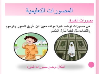 ‫التعليمية‬ ‫المصورات‬
‫الخبرة‬ ‫مصورات‬:
‫هى‬‫مصورات‬‫توضح‬‫خبرة‬‫موقف‬‫معين‬‫عن‬‫طريق‬‫الصور‬‫والرسوم‬
‫والكلمات‬‫مثل‬‫كيفية‬‫تناول‬‫الطعام‬.
‫الخبرة‬ ‫مصورات‬ ‫توضح‬ ‫أشكال‬
 