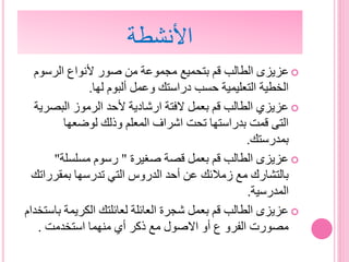 ‫األنشطة‬
‫الرسوم‬ ‫ألنواع‬ ‫صور‬ ‫من‬ ‫مجموعة‬ ‫بتحميع‬ ‫قم‬ ‫الطالب‬ ‫عزيزى‬
‫لها‬ ‫ألبوم‬ ‫وعمل‬ ‫دراستك‬ ‫حسب‬ ‫التعليمية‬ ‫الخطية‬.
‫البص‬ ‫الرموز‬ ‫ألحد‬ ‫ارشادية‬ ‫الفتة‬ ‫بعمل‬ ‫قم‬ ‫الطالب‬ ‫عزيزي‬‫رية‬
‫لوضعها‬ ‫وذلك‬ ‫المعلم‬ ‫اشراف‬ ‫تحت‬ ‫بدراستها‬ ‫قمت‬ ‫التى‬
‫بمدرستك‬.
‫صغيرة‬ ‫قصة‬ ‫بعمل‬ ‫قم‬ ‫الطالب‬ ‫عزيزى‬"‫مسلسلة‬ ‫رسوم‬"
‫بمقرر‬ ‫تدرسها‬ ‫التي‬ ‫الدروس‬ ‫أحد‬ ‫عن‬ ‫زمالئك‬ ‫مع‬ ‫بالتشارك‬‫اتك‬
‫المدرسية‬.
‫ب‬ ‫الكريمة‬ ‫لعائلتك‬ ‫العائلة‬ ‫شجرة‬ ‫بعمل‬ ‫قم‬ ‫الطالب‬ ‫عزيزى‬‫استخدام‬
‫استخدمت‬ ‫منهما‬ ‫أي‬ ‫ذكر‬ ‫مع‬ ‫االصول‬ ‫أو‬ ‫ع‬ ‫الفرو‬ ‫مصورت‬.
 