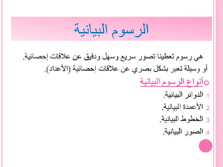 ‫البيانية‬ ‫الرسوم‬
‫هي‬‫رسوم‬‫تعطينا‬‫تصور‬‫سريع‬‫وسهل‬‫ودقيق‬‫عن‬‫عالقات‬‫إحصائ‬‫ية‬.
‫أو‬‫وسيلة‬‫تعبر‬‫بشكل‬‫بصري‬‫عن‬‫عالقات‬‫إحصائية‬(‫األعداد‬).
‫البيانية‬ ‫الرسوم‬ ‫أنواع‬
.1‫البيانية‬ ‫الدوائر‬.
.2‫البيانية‬ ‫األعمدة‬.
.3‫البيانية‬ ‫الخطوط‬.
.4‫البيانية‬ ‫الصور‬.
 