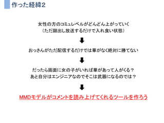 作った経緯２
女性の方のコミュレベルがどんどん上がっていく
（ただ顔出し放送するだけで入れ食い状態）
おっさんがただ配信するだけでは華がなく絶対に勝てない
だったら画面に女の子がいれば華があって人がくる？
あと自分はエンジニアなのでそこは武器になるのでは？
MMDモデルがコメントを読み上げてくれるツールを作ろう
 